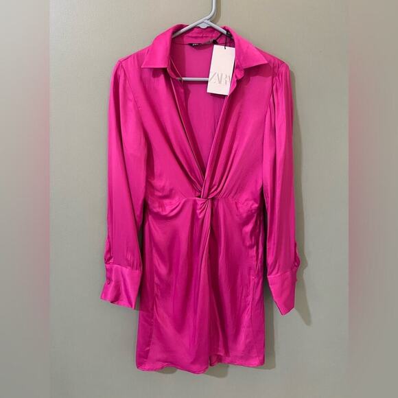 Zara NWT pink long sleeve twist from satin dress size medium - Picture 4 of 9